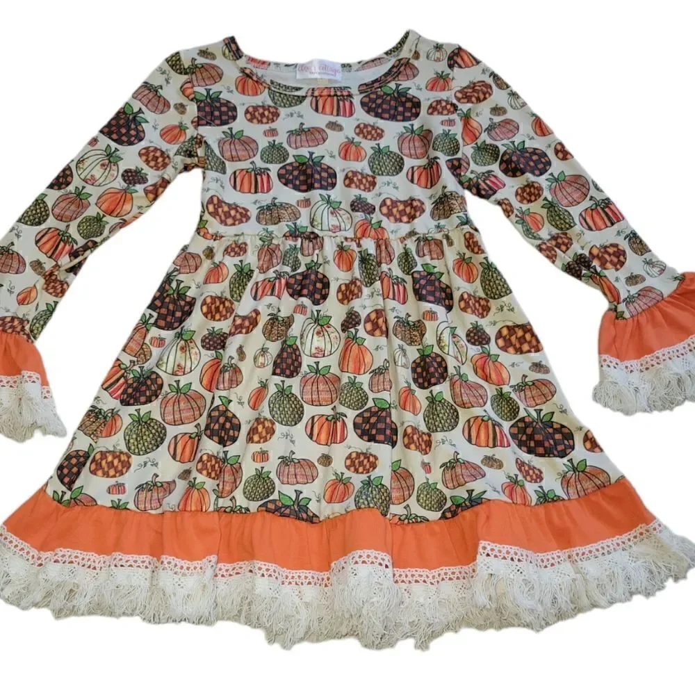 Girls Fall Pumpkin Thanksgiving Halloween Longsleeve Dress with Fringe Ruffle 3T